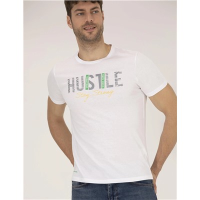 Beyaz Slim Fit Baskılı Bisiklet Yaka Tişört