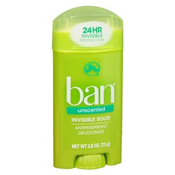 Ban Invisible Solid, Antiperspirant & Deodorant Unscented 2.6 oz.