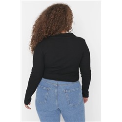 Siyah Vücuda Oturan Fitilli Örme Gömlek Yaka Çıtçıtlı Body TBBAW23CS00007
