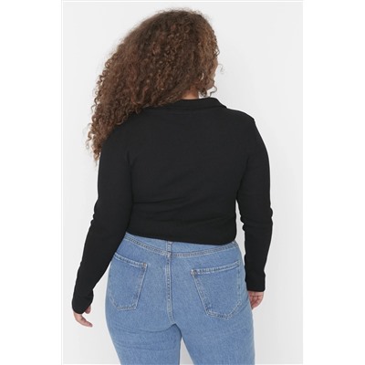 Siyah Vücuda Oturan Fitilli Örme Gömlek Yaka Çıtçıtlı Body TBBAW23CS00007
