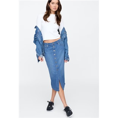 SuperSoft Denim Button-Front Midi Skirt