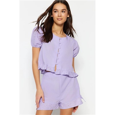 TRENDYOLMİLLA Lila Dantel Detaylı Gömlek-Şort Dokuma Pijama Takımı THMSS23PT00213