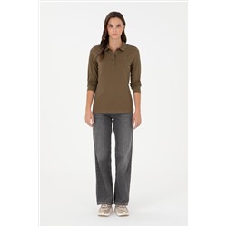 Kadın Haki Basic Polo Yaka Sweatshirt