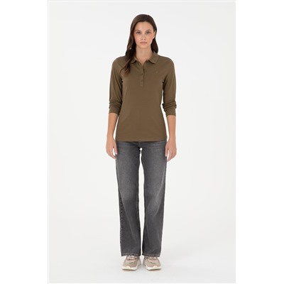 Kadın Haki Basic Polo Yaka Sweatshirt