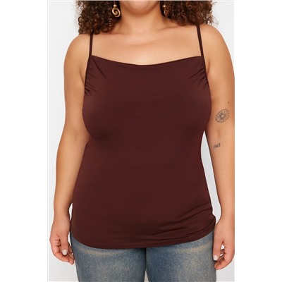 Kahverengi Degaje Yaka Askılı Örme Bluz TBBSS24AF00006