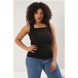 Siyah Düz Kare Yaka Askılı Büzgülü Fitted/Vücuda Oturan Esnek Örme Büyük Beden Bluz TBBSS25AF00027