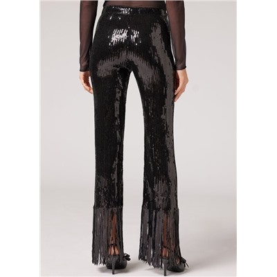 Flare Leggings im Cropped-Schnitt mit Paillettenfransen