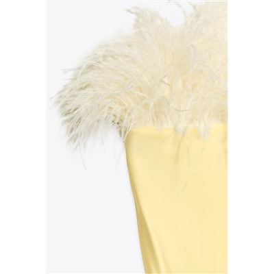 FEATHERED SATIN MIDI DRESS
