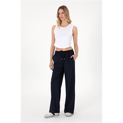 Kadın Lacivert Çizgili Loose Relax Fit Kanvas Pantolon