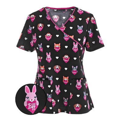 Cherokee Scrubs Animal Friends Mock Wrap Top