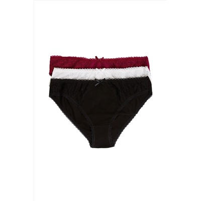 Pierre CardinKadın Ekru Siyah Bordo 2332 Dantelli Slip 3'lü Paket