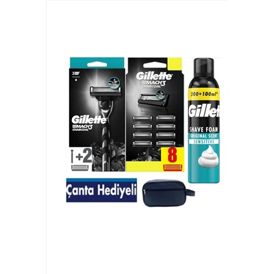 Gillette, Mach3 Charcoal Makine + 10 adet Yedek Tıraş Bıçağı +300 ML köpük + Çanta