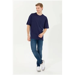 Erkek Lacivert Comfort Long Bisiklet Yaka Tişört
