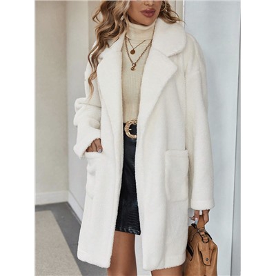 SHEIN LUNE Lapel Neck Dual Pocket Drop Shoulder Teddy Coat