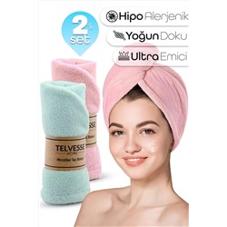Telvesse, 2li Set Mikrofiber Saç Havlusu Plaj Deniz Havuz Bonesi Banyo Saç Kurutma Baş Havlusu Turkuaz-Pembe