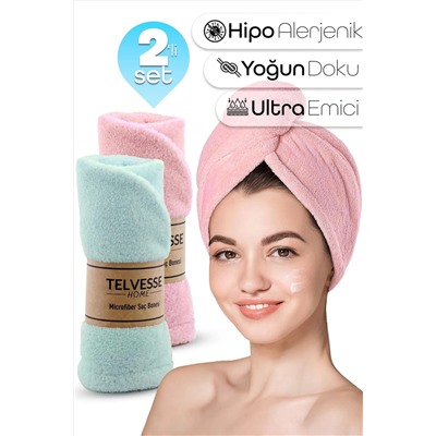 Telvesse, 2li Set Mikrofiber Saç Havlusu Plaj Deniz Havuz Bonesi Banyo Saç Kurutma Baş Havlusu Turkuaz-Pembe