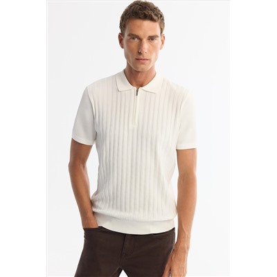 Ekru Polo Yaka Fermuarlı Rayon Triko T-Shirt