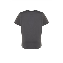 Antrasit Boyfriend Fit Bisiklet Yaka Baskılı %100 Pamuk Örme Büyük Beden T-Shirt TBBSS22TS1944