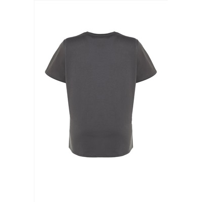 Antrasit Boyfriend Fit Bisiklet Yaka Baskılı %100 Pamuk Örme Büyük Beden T-Shirt TBBSS22TS1944