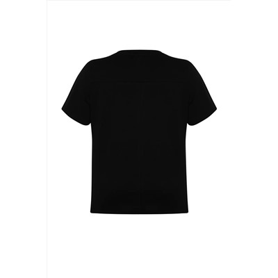 Siyah Biye Detaylı %100 Pamuk Örme T-shirt TBBSS24BF00021