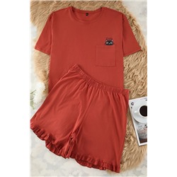 Trendyol Curve Kiremit Kedi Baskılı Örme Pijama Takımı TBBSS24AI00035