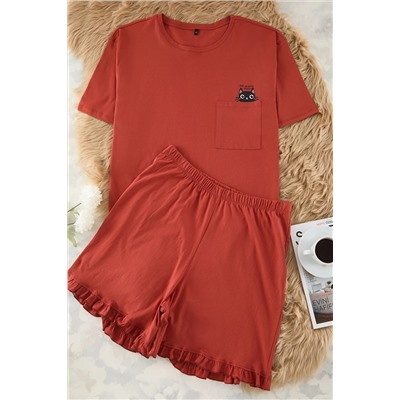 Trendyol Curve Kiremit Kedi Baskılı Örme Pijama Takımı TBBSS24AI00035