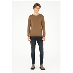 Erkek Slim Fit Bisiklet Yaka Haki Melanj Basic Kazak