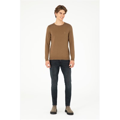 Erkek Slim Fit Bisiklet Yaka Haki Melanj Basic Kazak