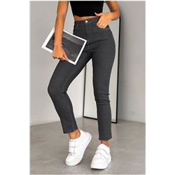 FEMELLE Gri Yüksek Bel Paçası Kesik İçi Şardonlu Slim Fit Mom Jean Z209bnd