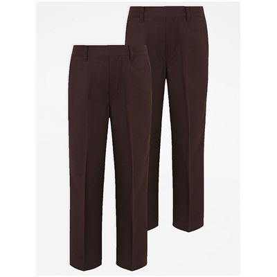 Boys Brown Half Elastic School Trouser 2 Pack