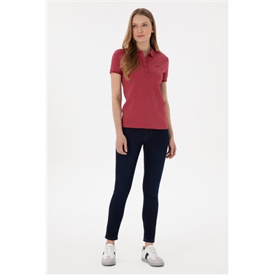 Kadın Vişne Basic Polo Yaka Tişört