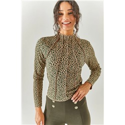 Olalook, Kadın Leopar Yeşil Parçalı Dik  Yaka Likralı Crop Bluz BLZ-19002398