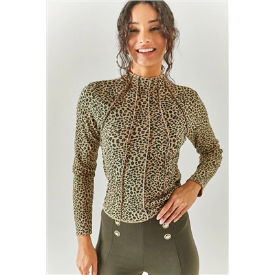 Olalook, Kadın Leopar Yeşil Parçalı Dik  Yaka Likralı Crop Bluz BLZ-19002398