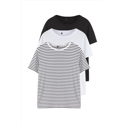 Siyah-Beyaz 3'lü Paket Büyük Beden T-shirt TBBSS25BF00071
