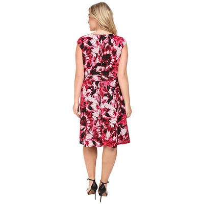 Plus Size Van Gogh Flower V-Neck Fit and Flare Dress
