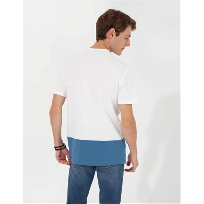 Ekru Slim Fit Baskılı Bisiklet Yaka Tişört