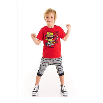Denokids Jake Erkek Çocuk Kırmızı T-shirt Gri Kapri Şort Takım CFF-22Y2-037