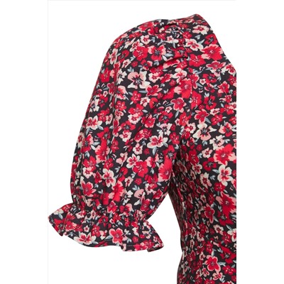 Çok Renkli Çiçekli Balon Kollu Mini/Kısa Boy Dokuma Elbise TBBSS24AH00111