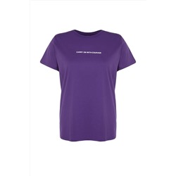 Mor Boyfriend Fit Slogan Baskılı Bisiklet Yaka %100 Pamuk Örme Büyük Beden T-Shirt TBBSS23BF00022