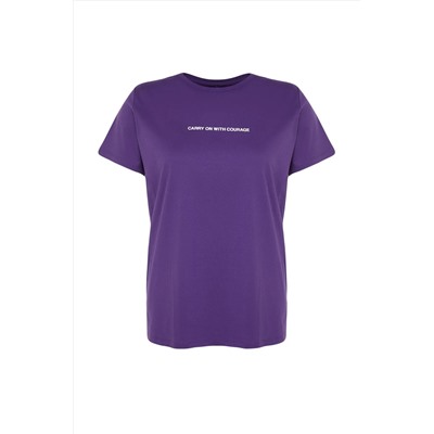 Mor Boyfriend Fit Slogan Baskılı Bisiklet Yaka %100 Pamuk Örme Büyük Beden T-Shirt TBBSS23BF00022