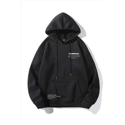 AltamiraUnisex Siyah Happiest Baskılı Oversize Kapşonlu Sweatshirt