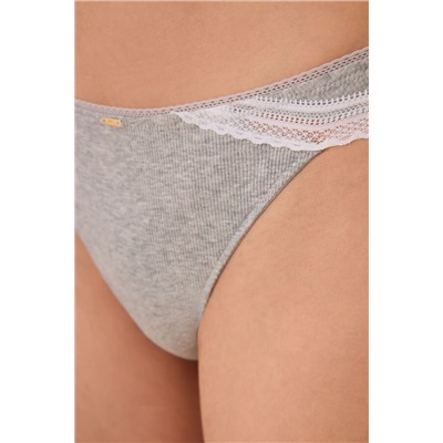 Tanga tira algodón canalé encaje gris
