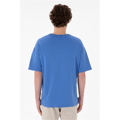 Erkek Oversize Fit Bisiklet Yaka İndigo Tişört