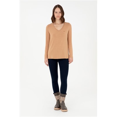 Kadın Camel V Yaka Sweatshirt