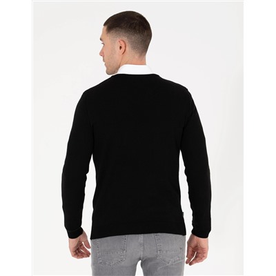 Siyah Slim Fit V Yaka Basic Triko Kazak