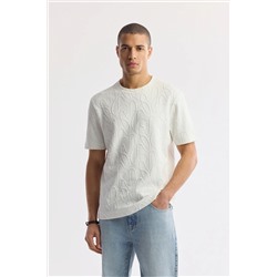 Avva, Erkek Beyaz Bisiklet Yaka Geometrik Jakar Desenli T-Shirt A51Y1122