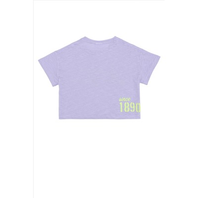 Kız Çocuk Lila Bisiklet Yaka Crop Tişört