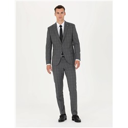 Füme Ekose Yün Karışımlı Ekstra Slim Fit Takım Elbise