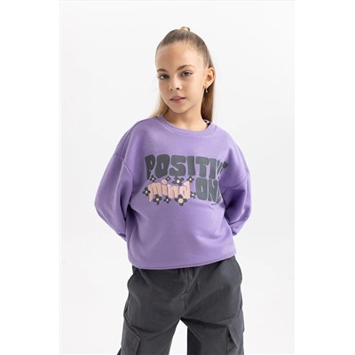 Defacto Kız Çocuk Baskılı Bisiklet Yaka Içi Yumuşak Tüylü Kalın Sweatshirt B4080A823WN