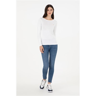 Kadın Beyaz Bisiklet Yaka Sweatshirt